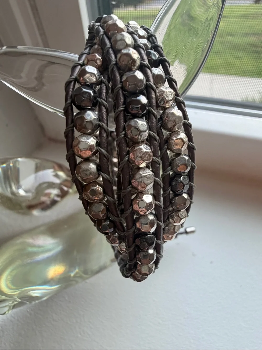 Facetted Chrome and Black Beaded Wrap Bracelet with adjustable clasp